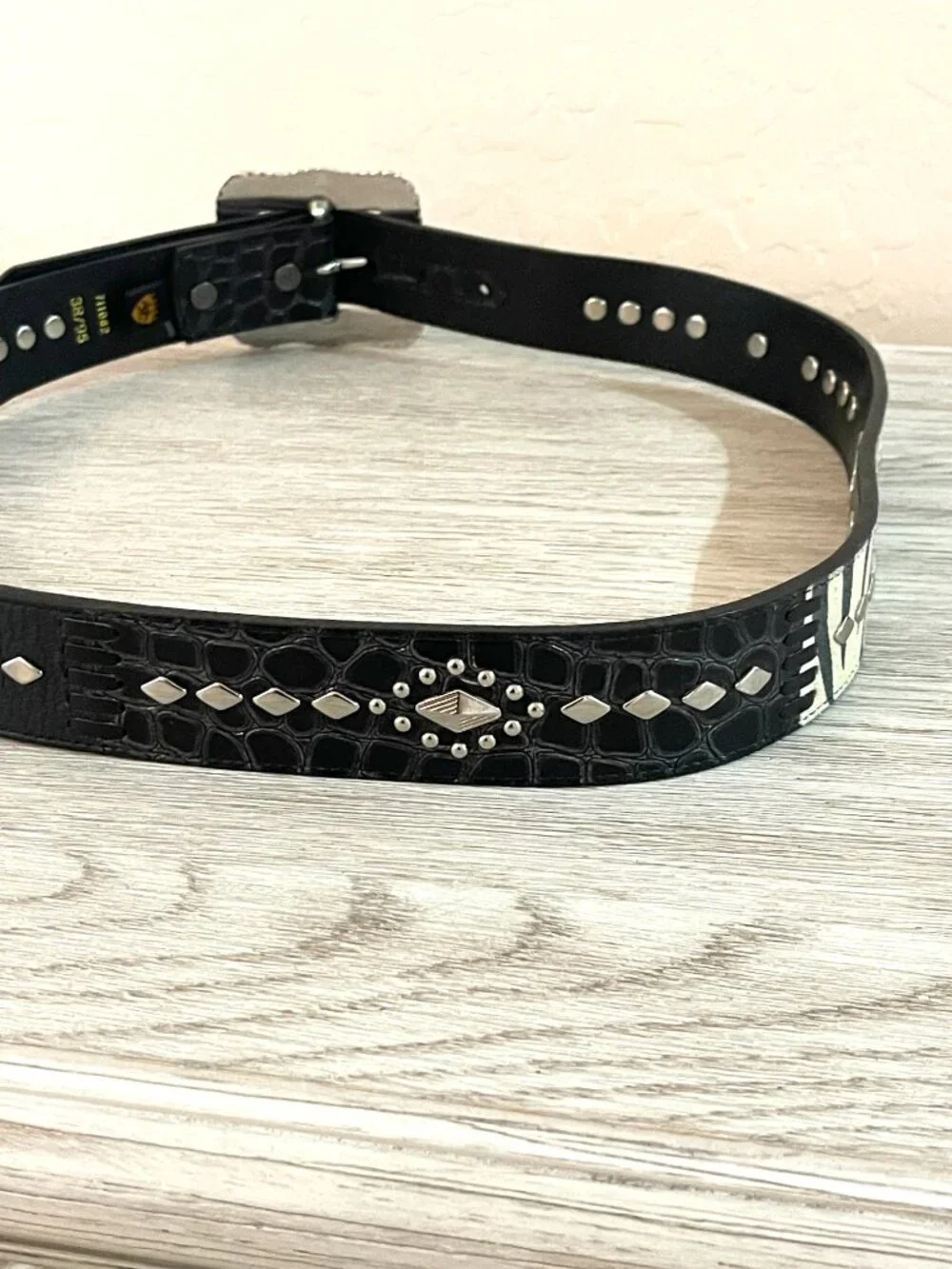 Vintage Ariat Belt Black Leather Zebra Stripe Stud Silver Buckle 2007 Size 38